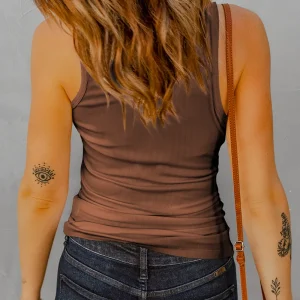 Fashion Notched Neckline Tank Slightly Stretchy Sleeveless Top - Image 4