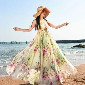Floral Bohemian Beach Photograph Chiffon Elegant Party Strap Maxi Dress - Image 4