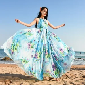 Floral Bohemian Beach Photograph Chiffon Elegant Party Strap Maxi Dress