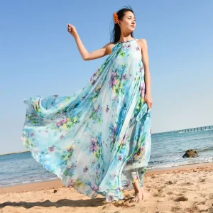 Floral Bohemian Beach Photograph Chiffon Elegant Party Strap Maxi Dress - Image 3