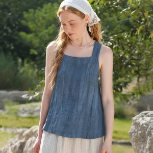 French Vintage Romantic Vacation Sleeveless Camisole Ladies Linen Tank Top
