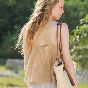 French Vintage Romantic Vacation Sleeveless Camisole Ladies Linen Tank Top - Image 9