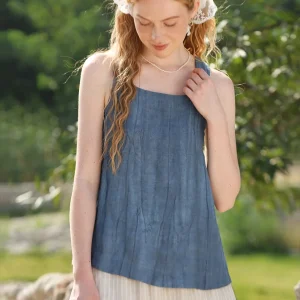 French Vintage Romantic Vacation Sleeveless Camisole Ladies Linen Tank Top - Image 3