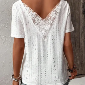 Lace Detail Eyelet Tops Short Sleeve V Shape Back Blouse - Image 2