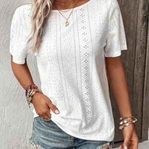 Lace Detail Eyelet Tops Short Sleeve V Shape Back Blouse