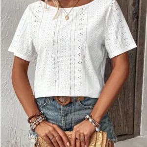 Lace Detail Eyelet Tops Short Sleeve V Shape Back Blouse - Image 3
