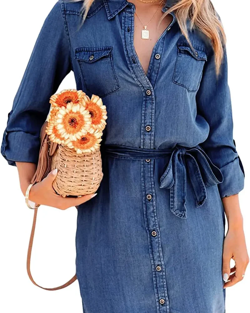 Long Sleeve Lapel Collar Belt Retro Casual Loose Denim Shirt Dress