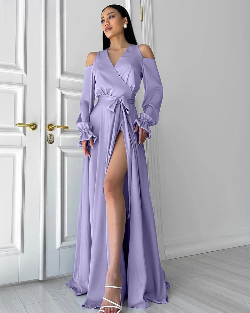 Loose Satin Fashion V-Neck Long Sleeve Off Shoulder Lace-Up Slit Maxi Dresses