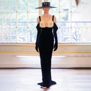 Off the Shoulder Long Bandage Gloves Celebrity Fashion Performance Stage Wear Evening Dress - Image 4