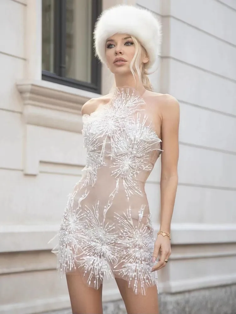 Off the Shoulder Mesh See-through Sequins Nightclub Party Celebrate Bodycon Mini Dress