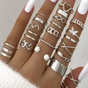 Pearl Heart Butterfly Braided And Stackable Rings 22 Pieces Set - Image 2