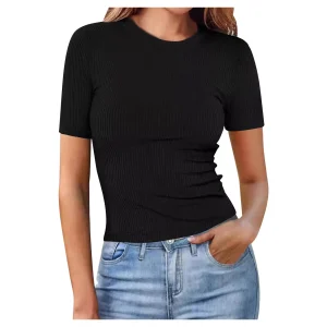 Short Sleeve Crewneck Slim Fit Ribbed Stripe Solid Alluring Wear T-shirt - Image 2