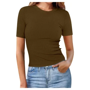Short Sleeve Crewneck Slim Fit Ribbed Stripe Solid Alluring Wear T-shirt - Image 4