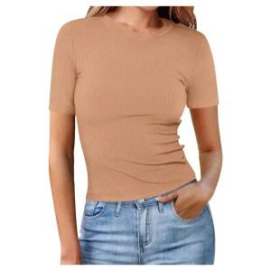 Short Sleeve Crewneck Slim Fit Ribbed Stripe Solid Alluring Wear T-shirt - Image 5