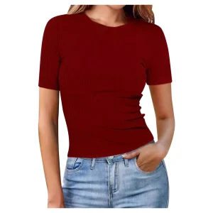 Short Sleeve Crewneck Slim Fit Ribbed Stripe Solid Alluring Wear T-shirt