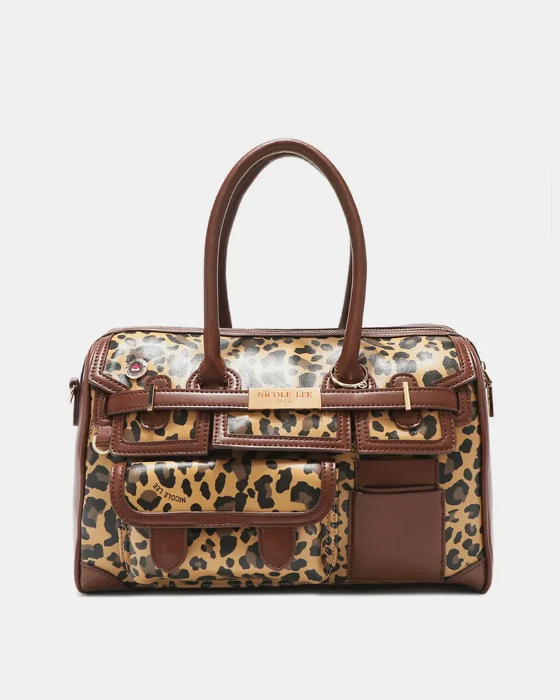 Signature Charm Vegan Leather Handbag Pebble Print Leopard Boston Bag