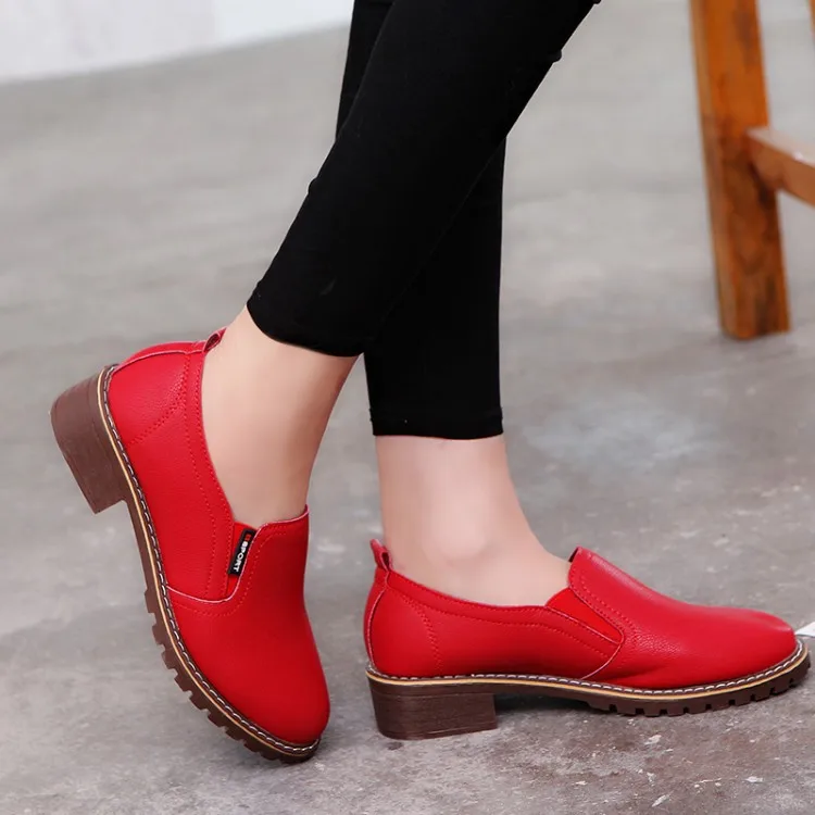 Solid Color Soft Leather Low Medium Pumps Slip on Loafers Shoes