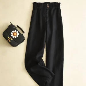 Solid High Waist Cotton Linen Casual Bottom Pants - Image 2