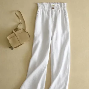 Solid High Waist Cotton Linen Casual Bottom Pants - Image 3