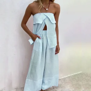Suit Elegant Strapless Tops And Wide Leg Pants Outfits Temperament Linen Cotton Sets - Image 3
