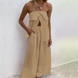 Suit Elegant Strapless Tops And Wide Leg Pants Outfits Temperament Linen Cotton Sets - Image 4