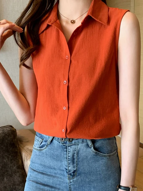 Turn-down Collar Sleeveless Elegant Workwear Blouse Style Shirts