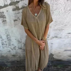 V Neck Cotton Linen Street Simple Solid Color Pullover Casual Loose Dresses - Image 3