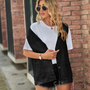 V-Neck Denim Vests Fashion Casual Sleeveless Jacket Pocket Vest Tops - Image 3