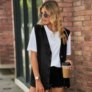 V-Neck Denim Vests Fashion Casual Sleeveless Jacket Pocket Vest Tops - Image 2