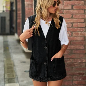 V-Neck Denim Vests Fashion Casual Sleeveless Jacket Pocket Vest Tops