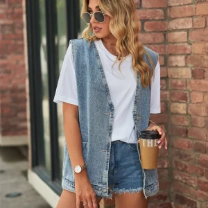 V-Neck Denim Vests Fashion Casual Sleeveless Jacket Pocket Vest Tops - Image 5