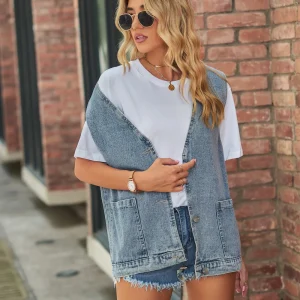 V-Neck Denim Vests Fashion Casual Sleeveless Jacket Pocket Vest Tops - Image 6