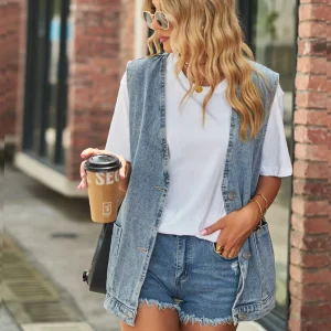 V-Neck Denim Vests Fashion Casual Sleeveless Jacket Pocket Vest Tops - Image 7