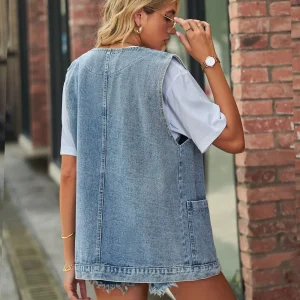 V-Neck Denim Vests Fashion Casual Sleeveless Jacket Pocket Vest Tops - Image 8