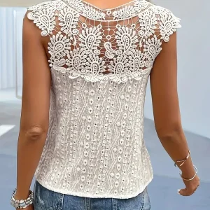 V-neck lace solid color patchwork pullover sleeveless vest t-shirt - Image 3