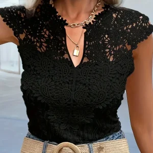 V-neck lace solid color patchwork pullover sleeveless vest t-shirt - Image 4
