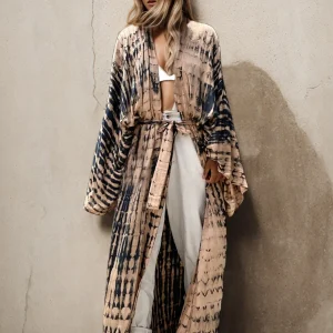 Bohemian Acrylic Printed Belt Kimono Plus Size Batwing Sleeve Loose Beachwear Swimsuit