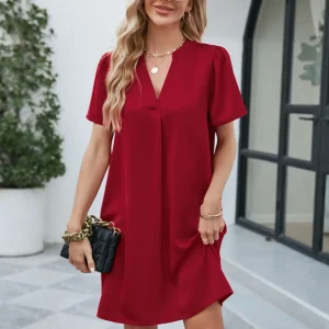 Casual Fashionable Satin Office V-neck Short Sleeved Loose Fitting Mini Dress - Image 19