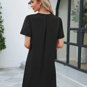 Casual Fashionable Satin Office V-neck Short Sleeved Loose Fitting Mini Dress - Image 15