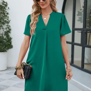 Casual Fashionable Satin Office V-neck Short Sleeved Loose Fitting Mini Dress - Image 9