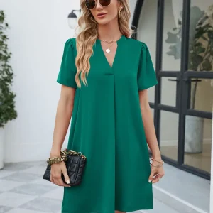 Casual Fashionable Satin Office V-neck Short Sleeved Loose Fitting Mini Dress - Image 8