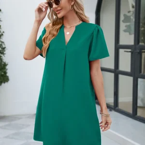 Casual Fashionable Satin Office V-neck Short Sleeved Loose Fitting Mini Dress - Image 7