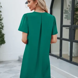 Casual Fashionable Satin Office V-neck Short Sleeved Loose Fitting Mini Dress - Image 10