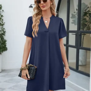Casual Fashionable Satin Office V-neck Short Sleeved Loose Fitting Mini Dress - Image 3