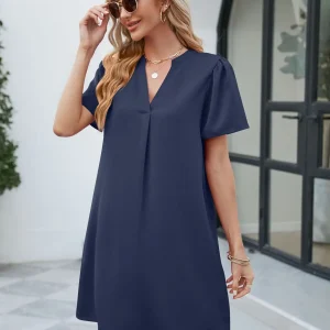Casual Fashionable Satin Office V-neck Short Sleeved Loose Fitting Mini Dress - Image 2