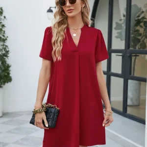 Casual Fashionable Satin Office V-neck Short Sleeved Loose Fitting Mini Dress - Image 18