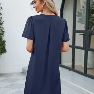 Casual Fashionable Satin Office V-neck Short Sleeved Loose Fitting Mini Dress - Image 5
