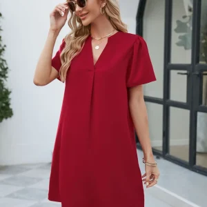 Casual Fashionable Satin Office V-neck Short Sleeved Loose Fitting Mini Dress - Image 17