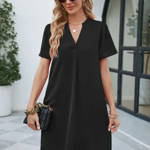 Casual Fashionable Satin Office V-neck Short Sleeved Loose Fitting Mini Dress - Image 14