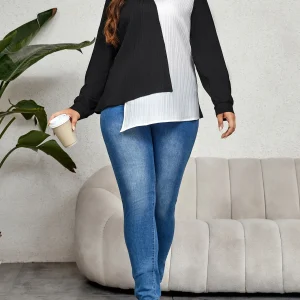 Casual Long Sleeve Color Block Plus Size Top Shirts Sprinf Fall Cloth